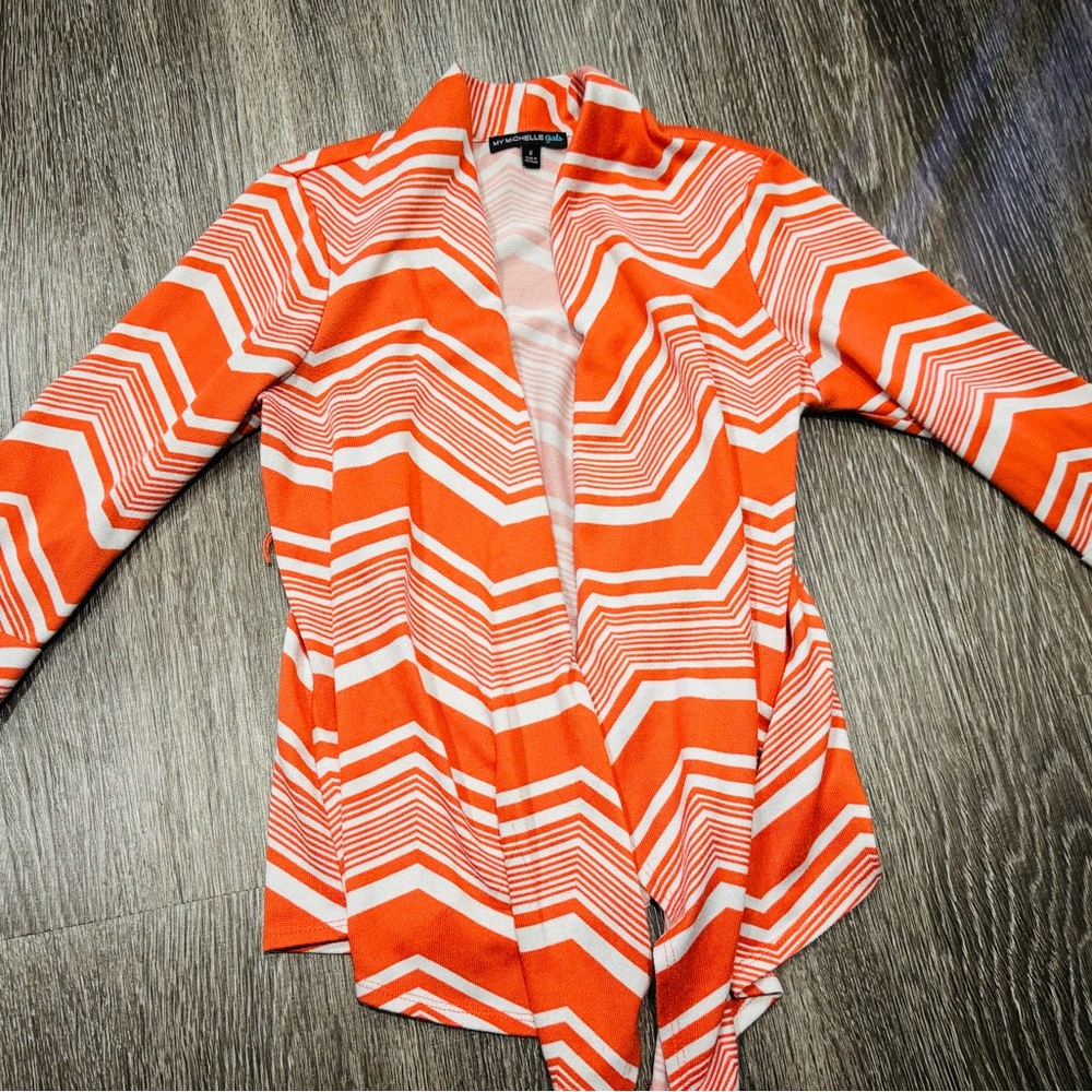 Girls Orange and White Chevron Cardigan